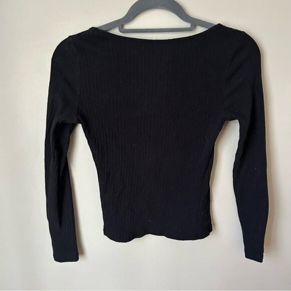 SHEIN Black Square Neck Form Fitting Long Sleeve Ribbed Shirt Size Small - Picture 5 of 6